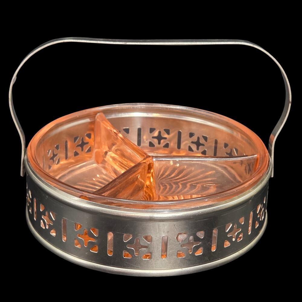 Pink Depression Glass 3 section Divided Relish Candy Dish Silver Tone Carrier